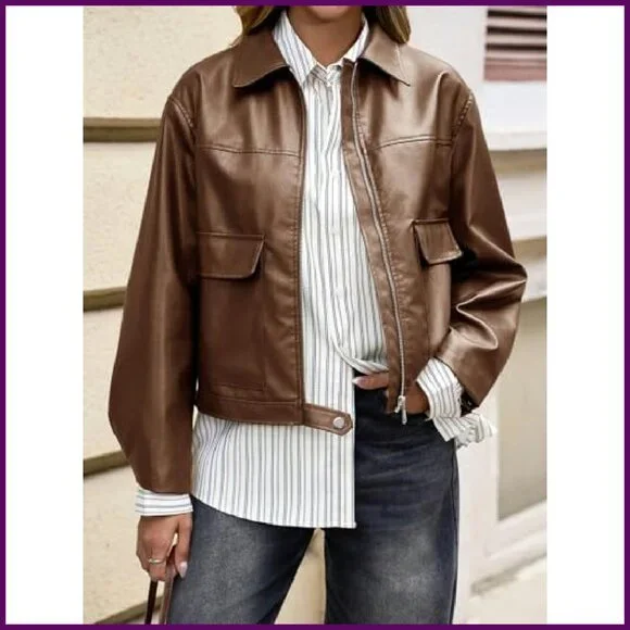 Faux Leather Bomber Jacket Cropped Lapel Moto Coat Zip Up Pockets